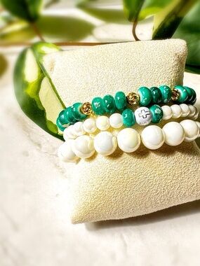 Stacked Green & White Bead Bracelets Faith Cross Elegant